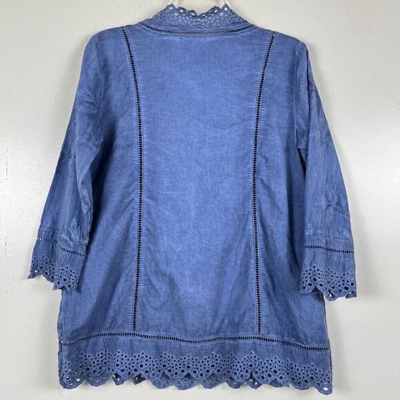 Ali Miles Embroidered Eyelet Tunic Small Cotton Floral Blouse Tie Dye Blue Top - Picture 4 of 9